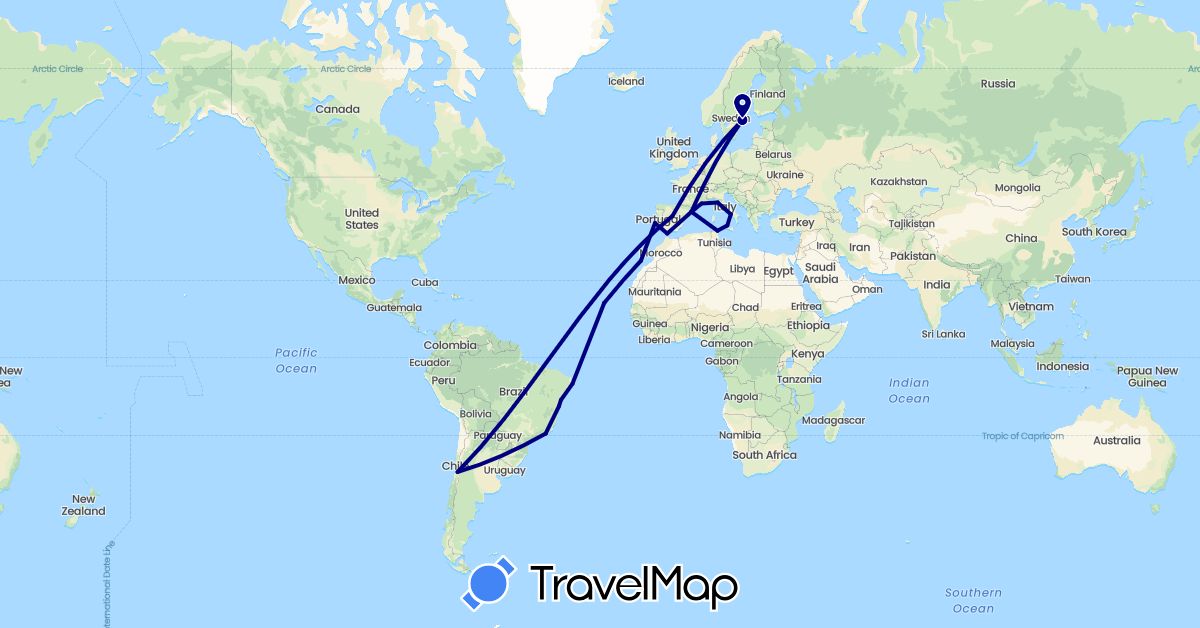 TravelMap itinerary: driving in Brazil, Chile, Cape Verde, Spain, France, Gibraltar, Italy, Portugal, Sweden, Tunisia (Africa, Europe, South America)